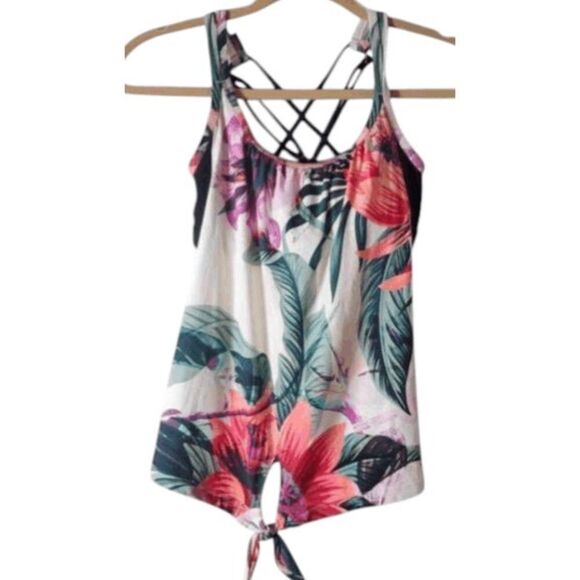 CALIA BY CARRIE UNDERWOOD Printed Tie Front Tankini Top In Botanical Island Size - Picture 3 of 3
